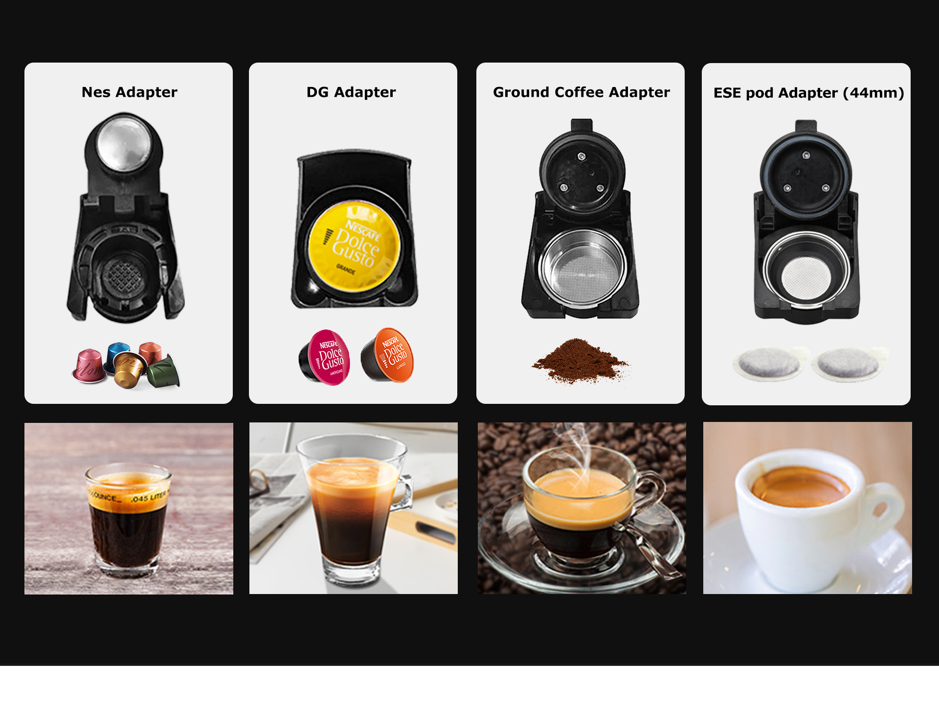 Quattro adattatori per macchine da caffè con varie capsule e tazze di espresso fresco.