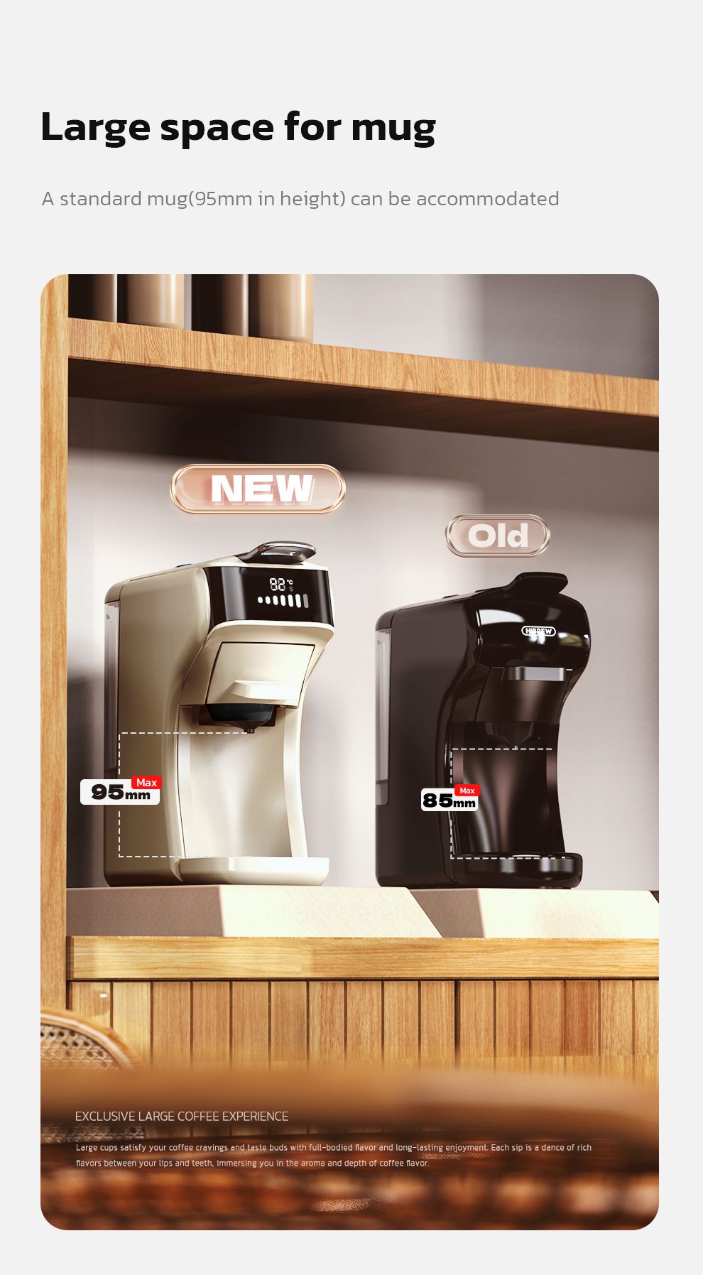 Confronto tra due macchine da caffè: La nuova accoglie tazze da 95mm, la vecchia da 85mm.