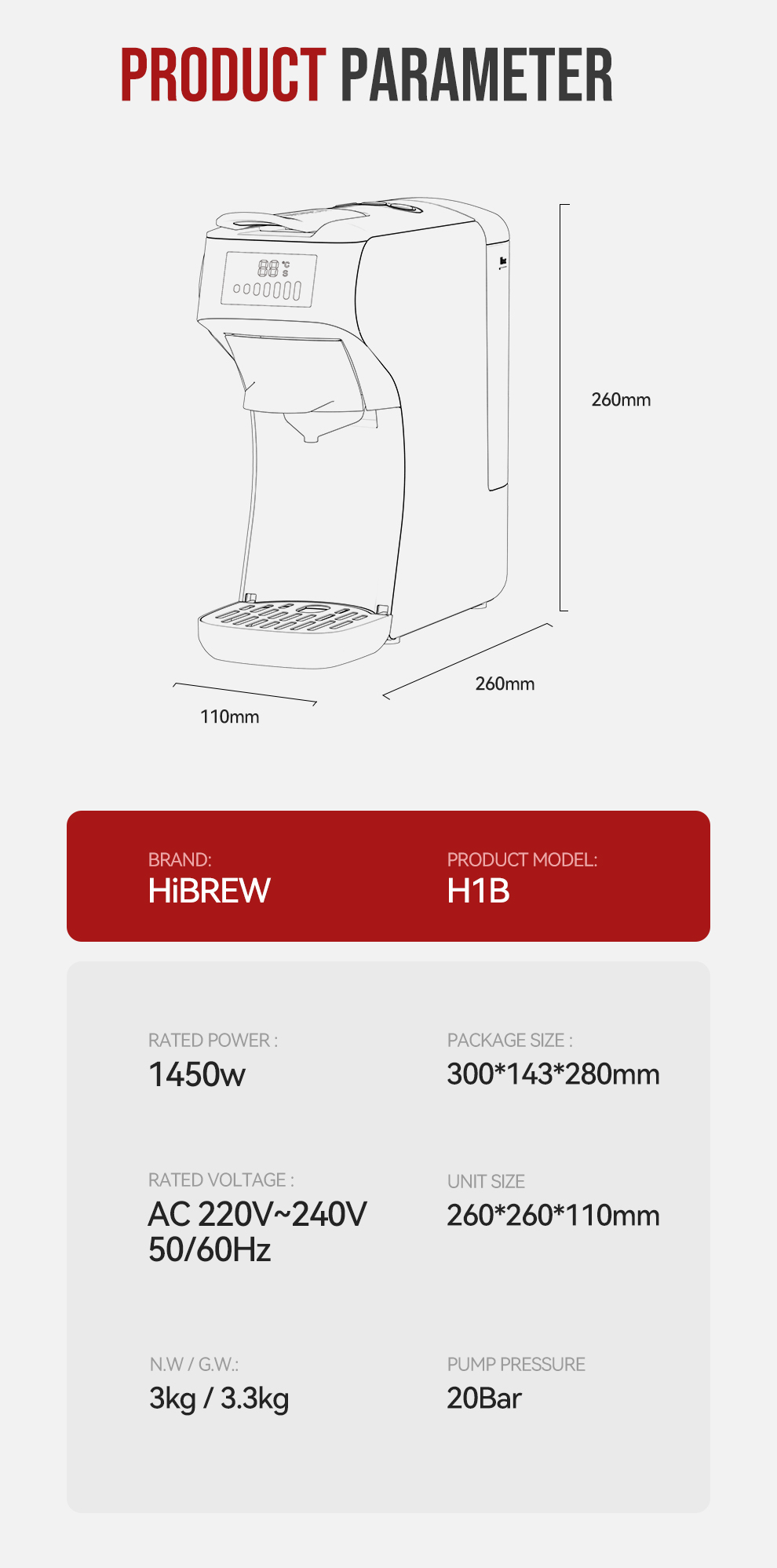 Disegno tecnico e specifiche della macchina da caffè HiBrew H1B con dimensioni e dati di potenza.