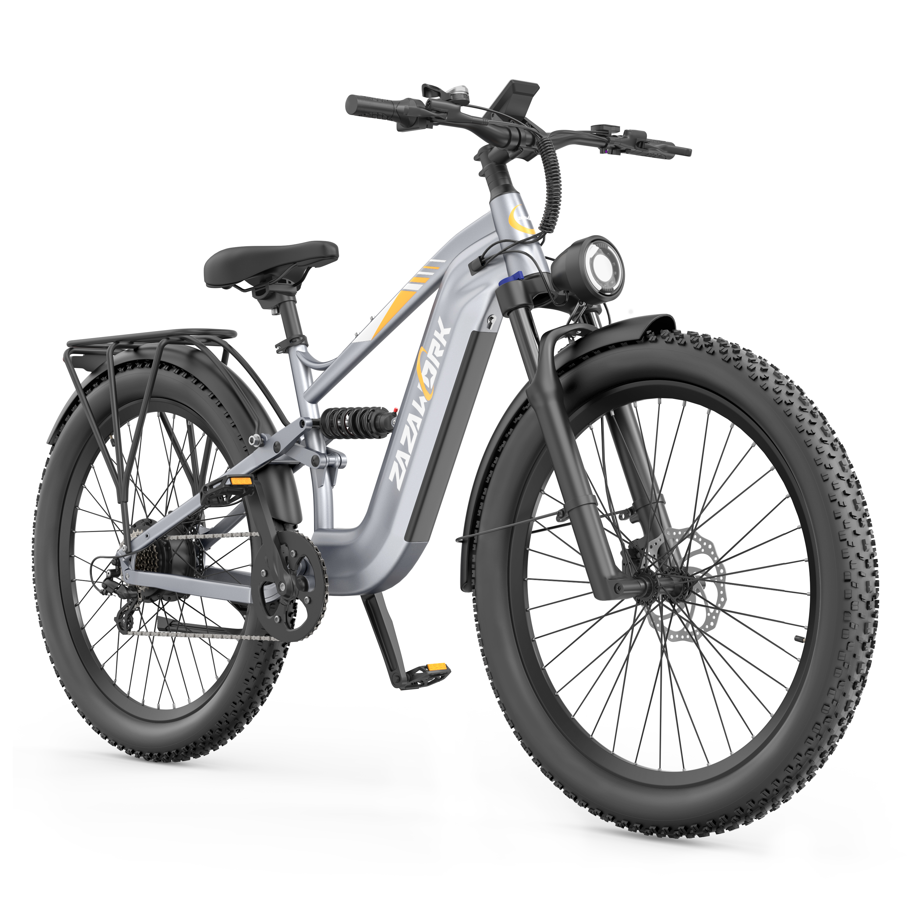 Una bici elettrica argentata con copertoni larghi, faro anteriore e portapacchi.
