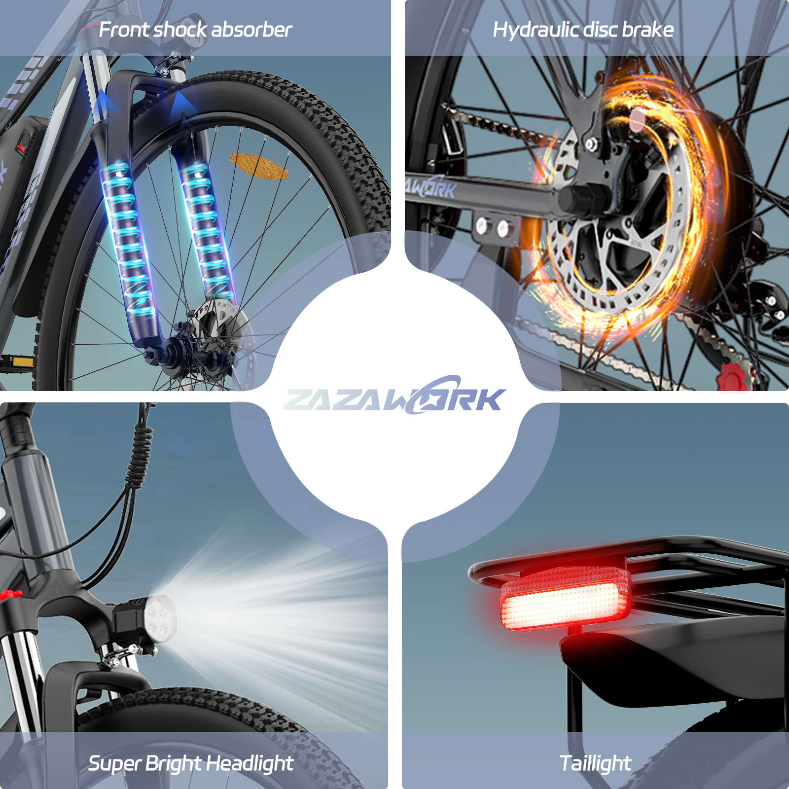 Quattro riquadri di una e-bike mostrano sospensione anteriore, freno a disco, faro e luce posteriore.