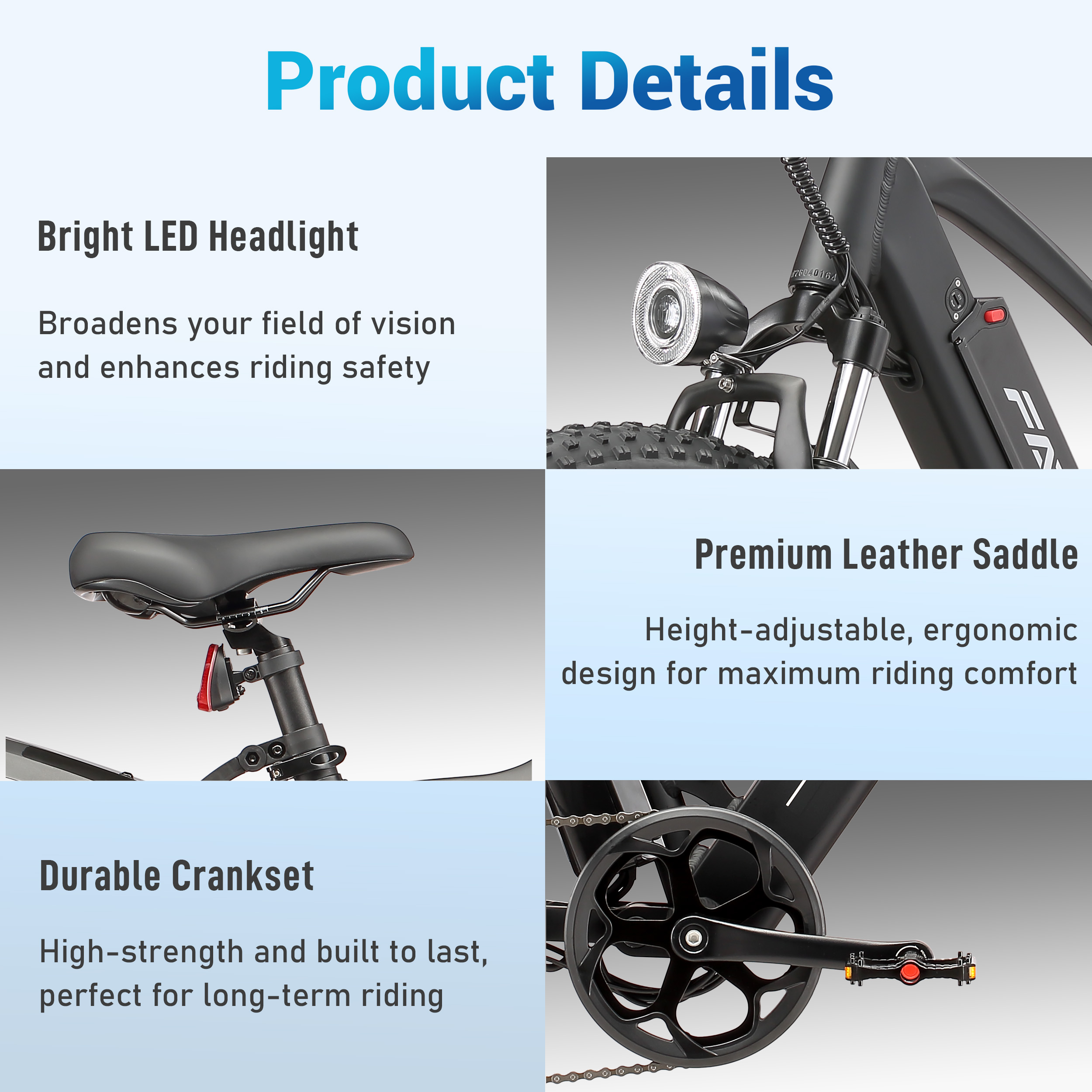 Dettagli prodotto per e-bike: faro LED, sella in pelle e guarnitura.