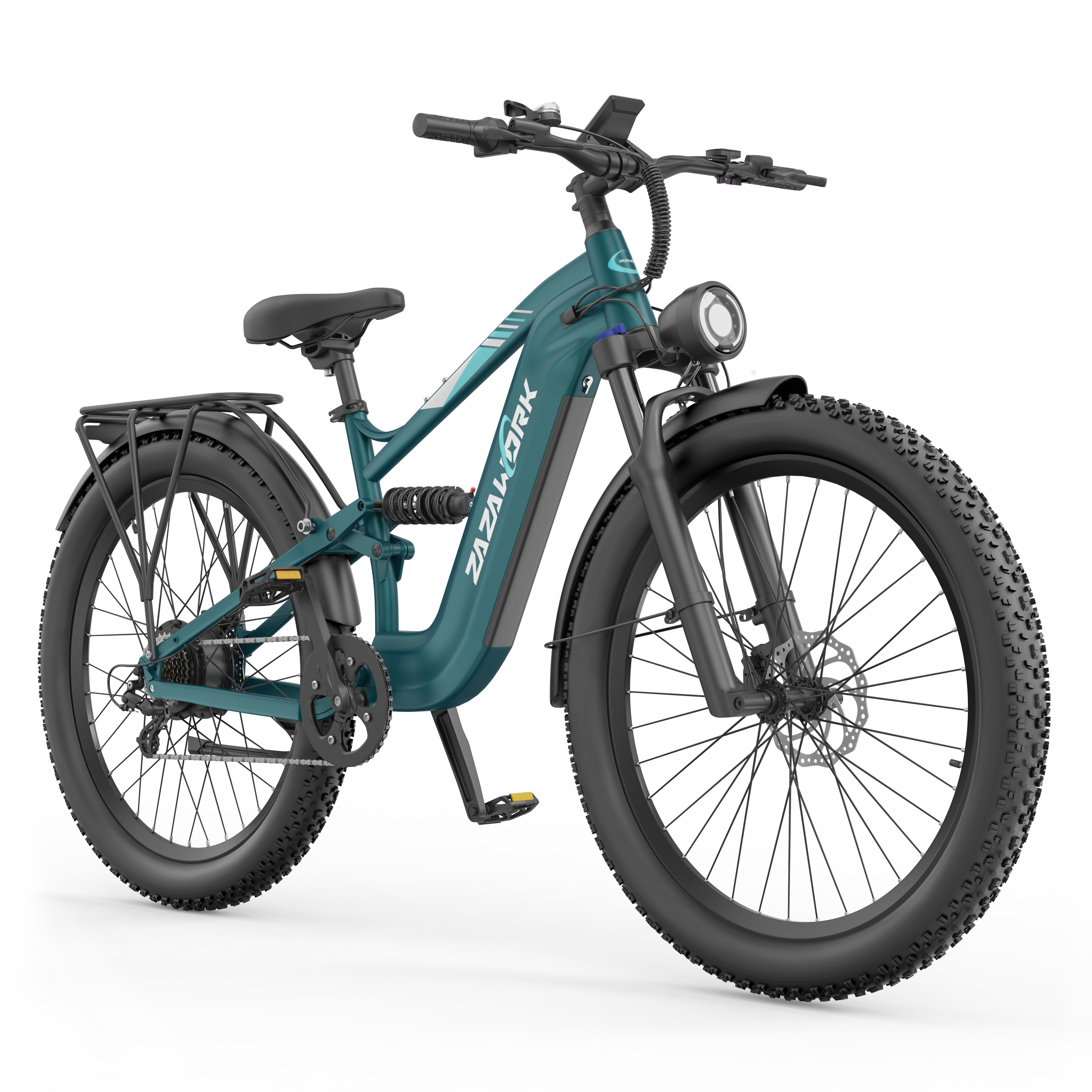 Una bici elettrica verde acqua con pneumatici larghi, portapacchi e faro su sfondo bianco.
