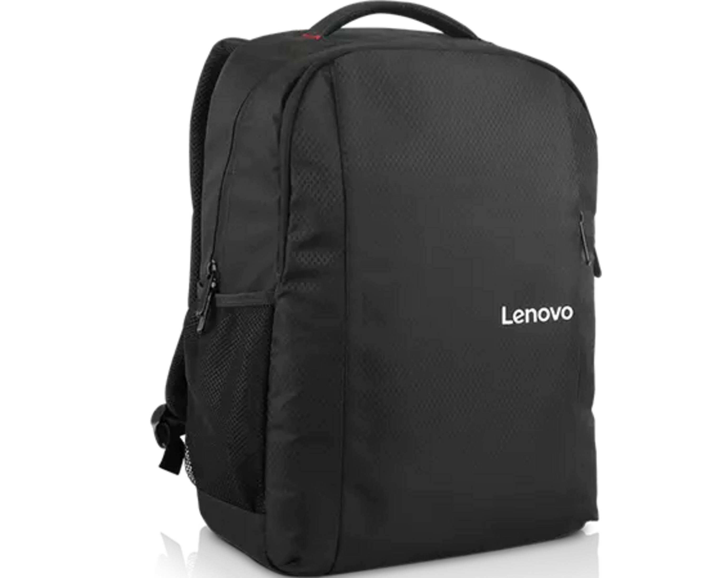 Czarny plecak Lenovo na białym tle, z uchwytem, siatkowaną kieszenią boczną i białym logo Lenovo.