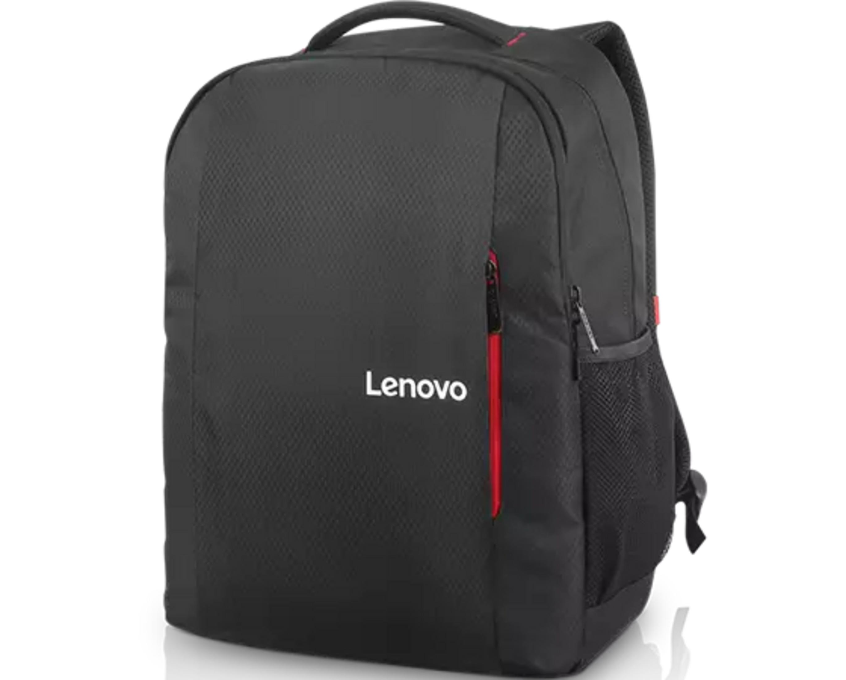 Czarny plecak Lenovo z czerwonym zamkiem i białym logo na białym tle.