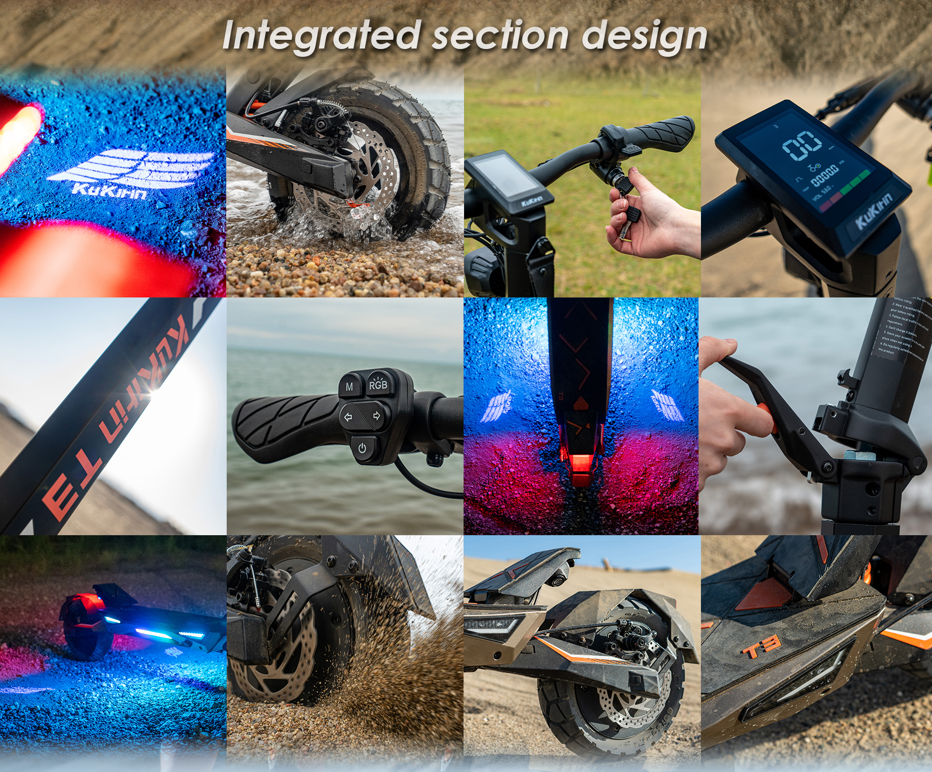 Un collage di foto mostra i dettagli del design della sezione integrata di un monopattino elettrico KuKirin T3.