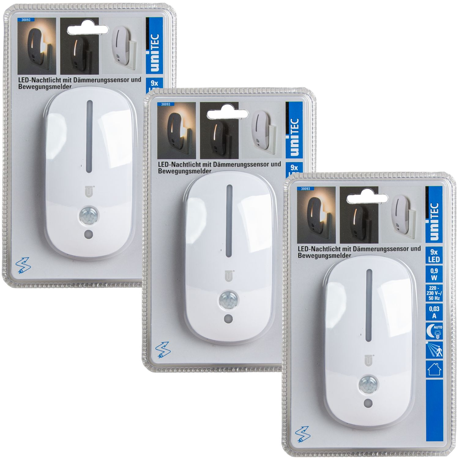 Drei gleiche Unitec LED-Nachtlichter in Blisterverpackungen mit Sensor.