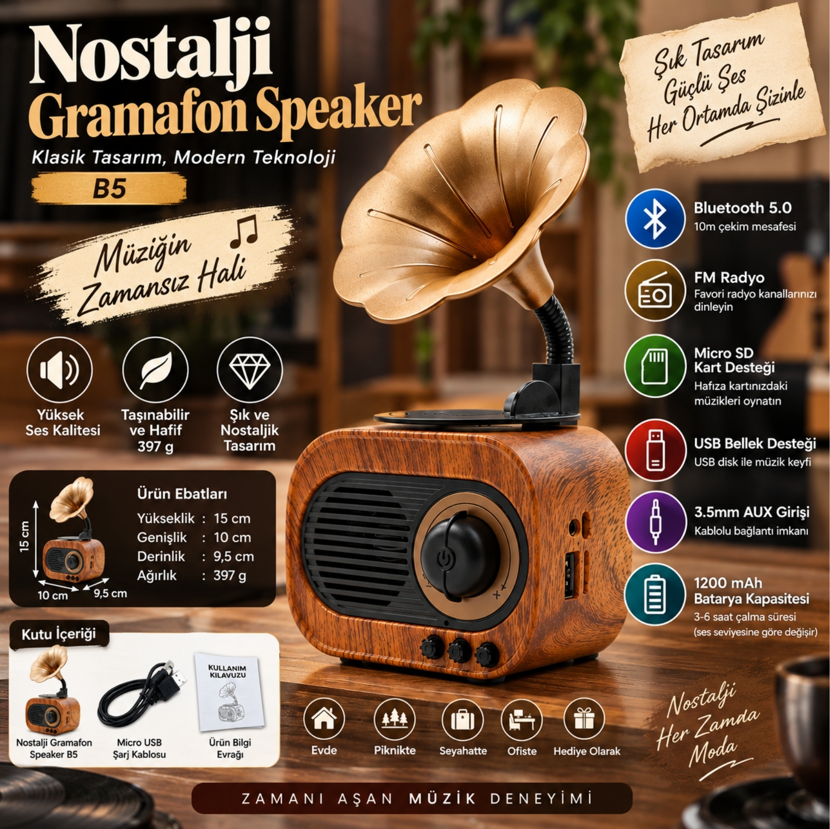 Ahşap görünümlü ve altın renkli klaksonlu nostaljik gramofon hoparlörün ahşap masa üzerindeki ürün reklamı.