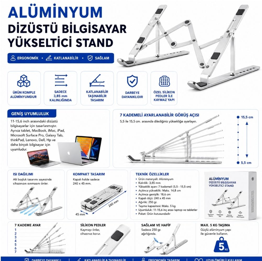 Alüminyum laptop standı, katlanabilir, 7 kademeli yükseklik ayarlı, hafif ve kaymaz.
