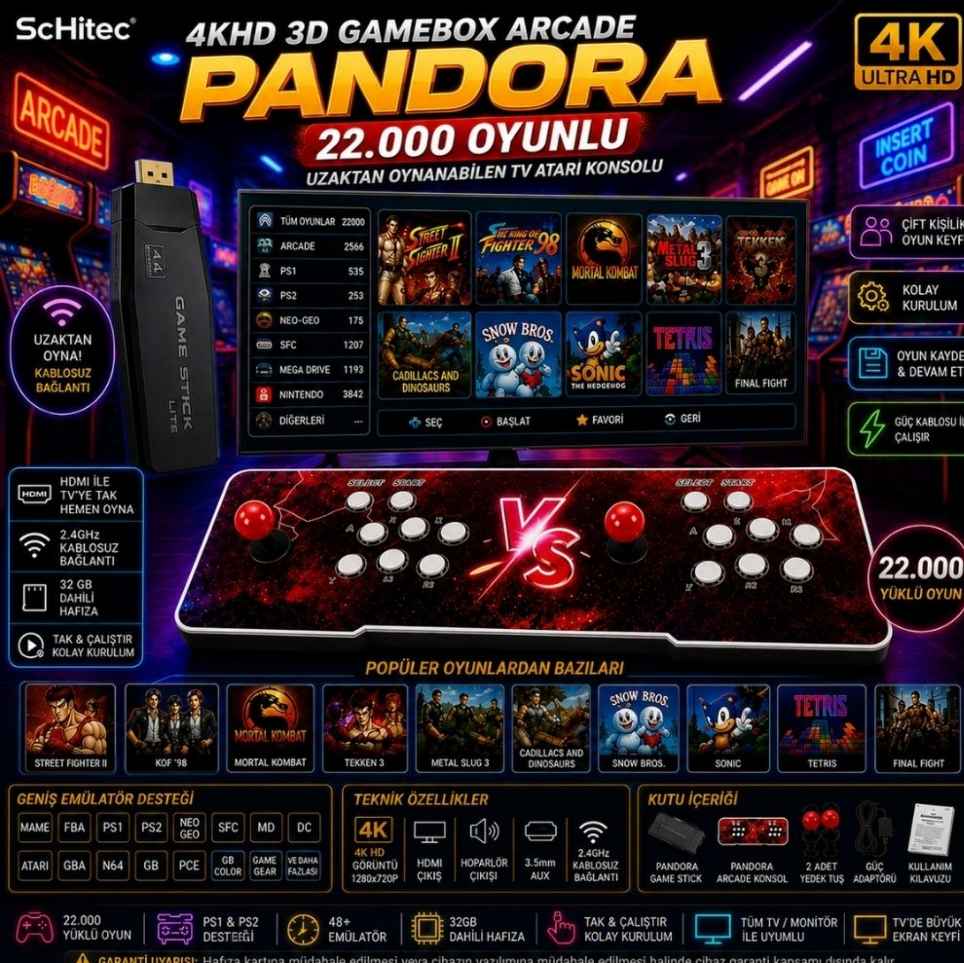 Neon arka plan önünde çubuk, kumandalar ve oyun menüsü olan Pandora arcade oyun konsolu tanıtım görseli.