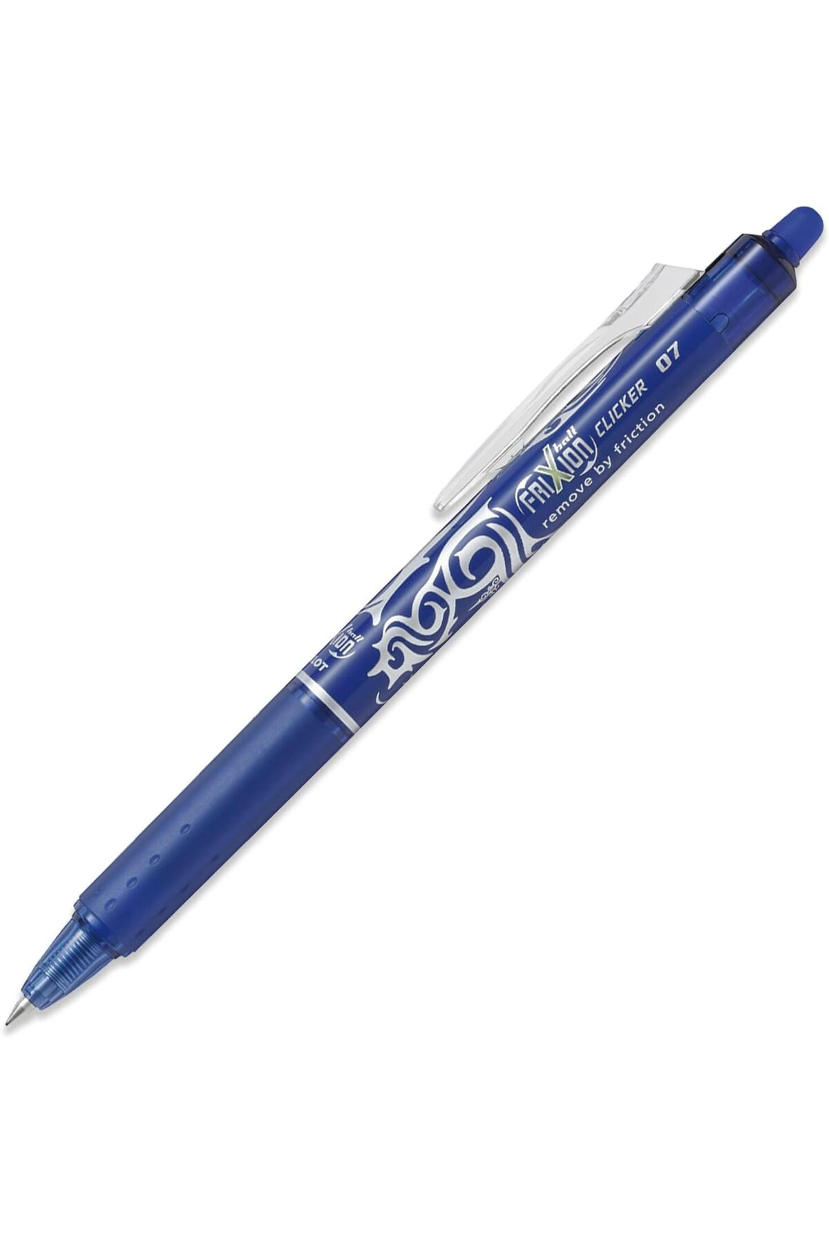 Beyaz desenli ve seffaf klipsli mavi Pilot FriXion Clicker 0.7 tükenmez kalem.