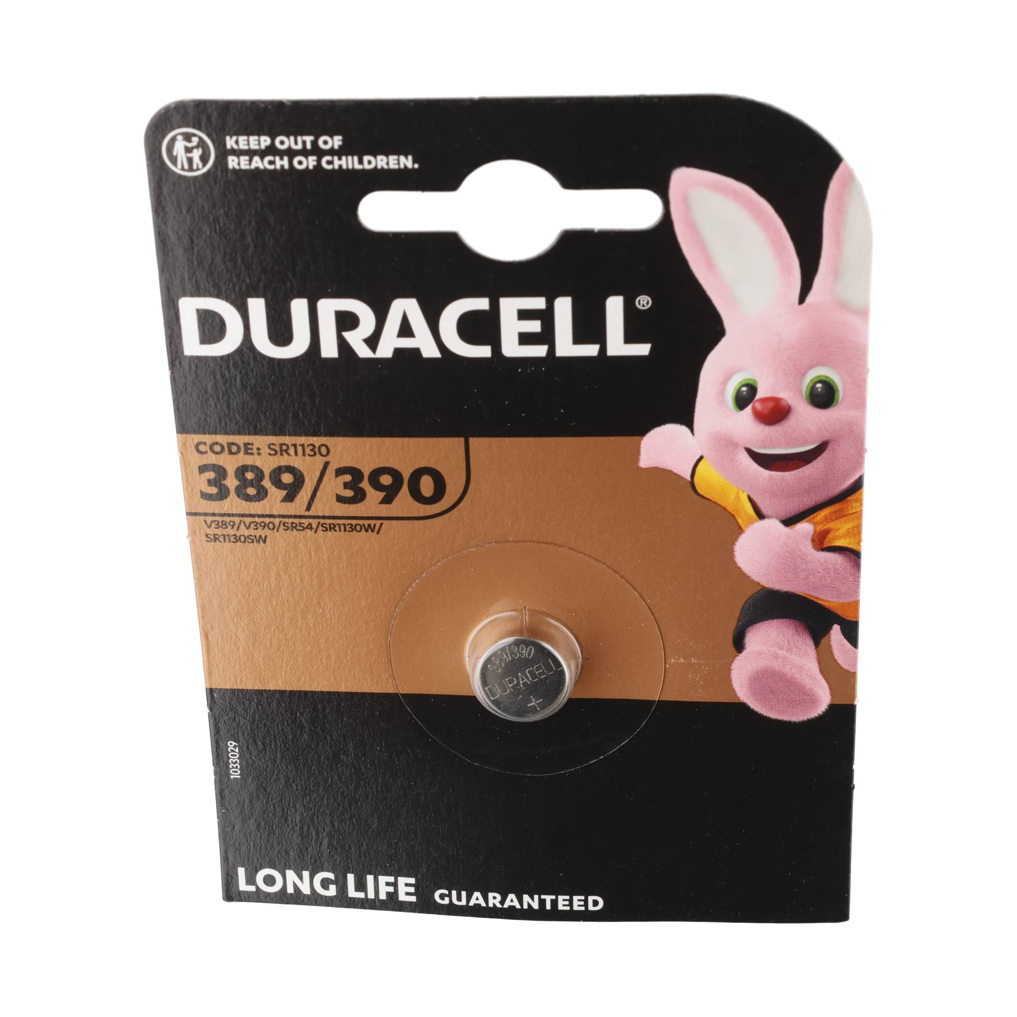 Batteria a bottone Duracell in confezione con la mascotte rosa.