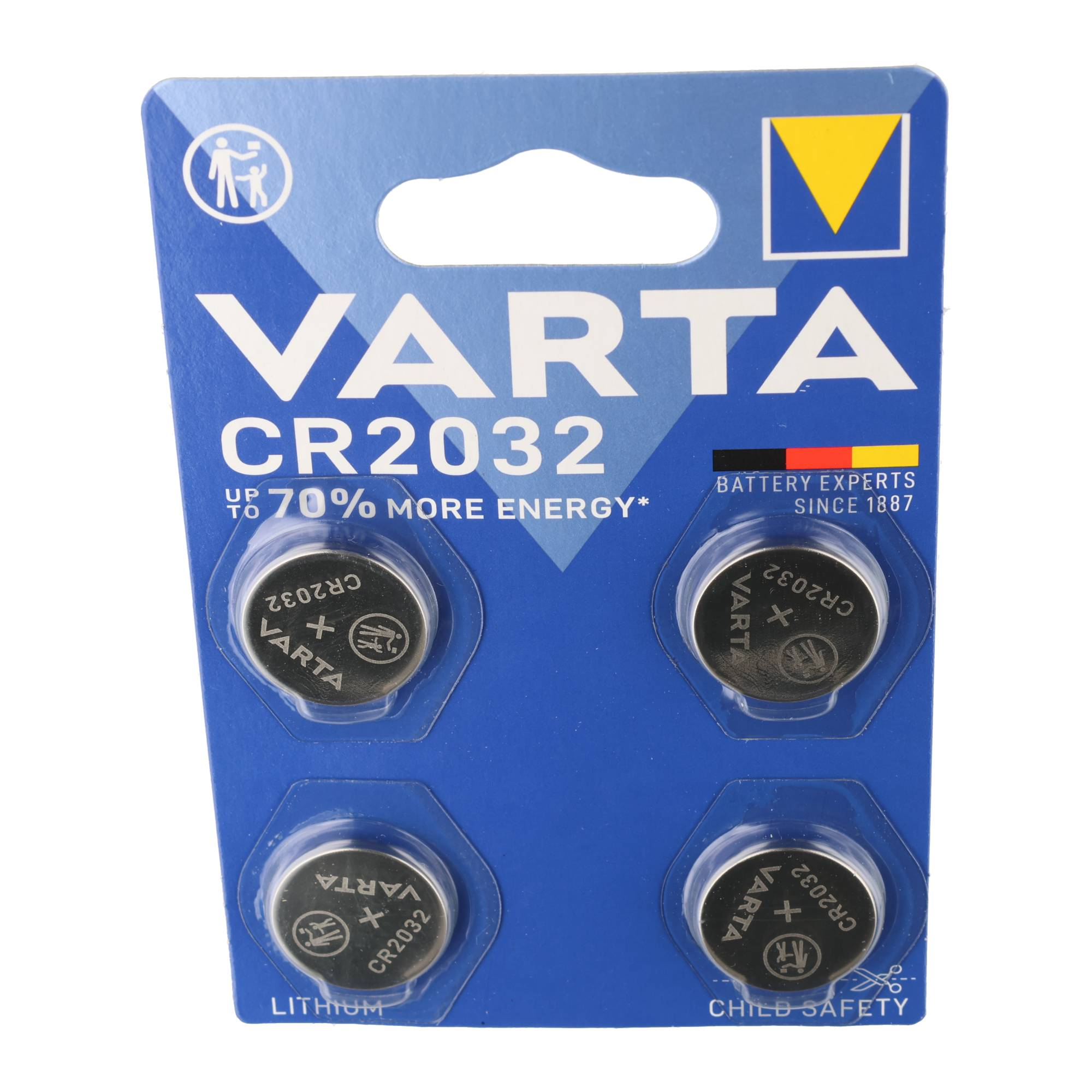 Quatre piles bouton au lithium VARTA CR2032 dans un emballage blister bleu et blanc.
