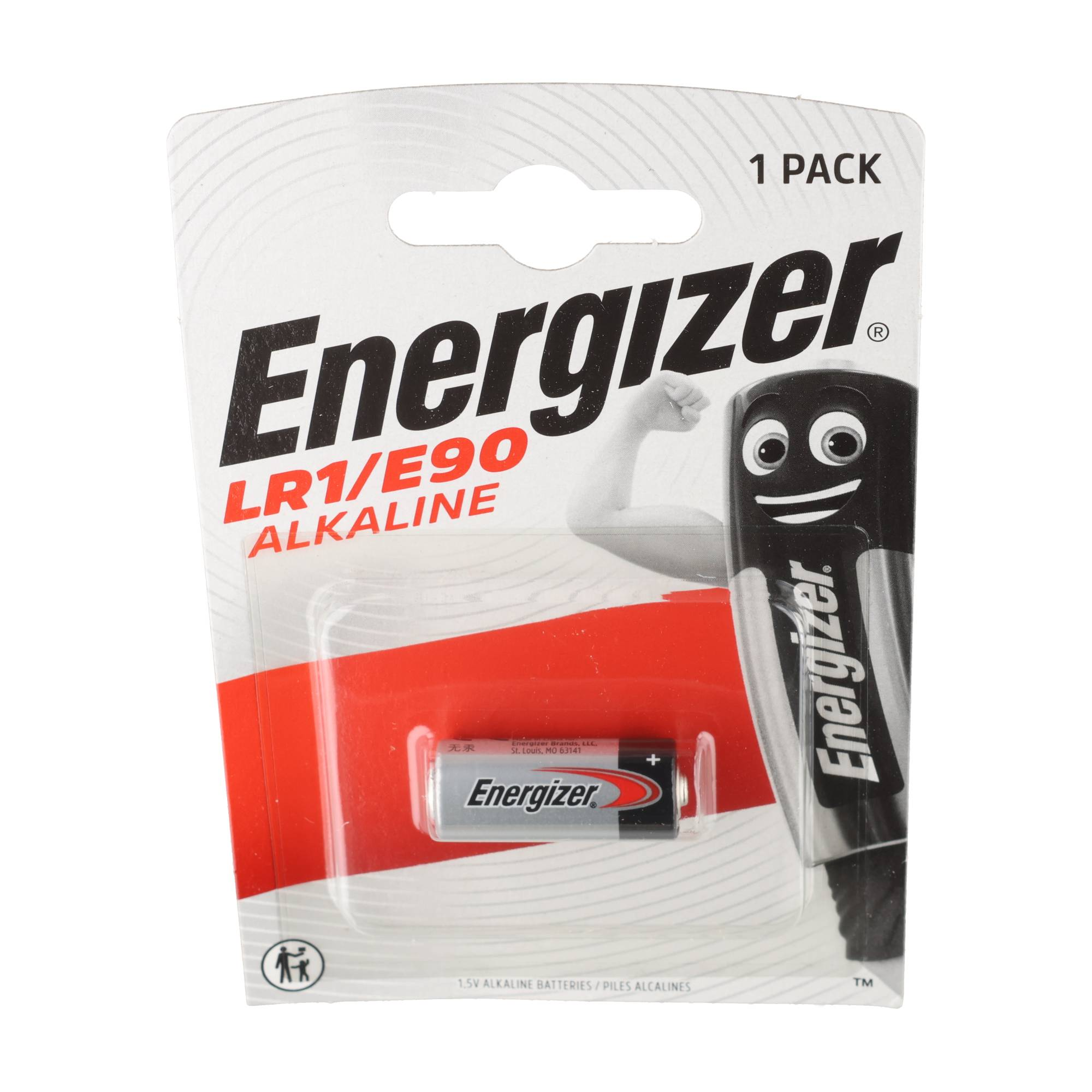 Pila alcalina Energizer LR1 en envase comercial.