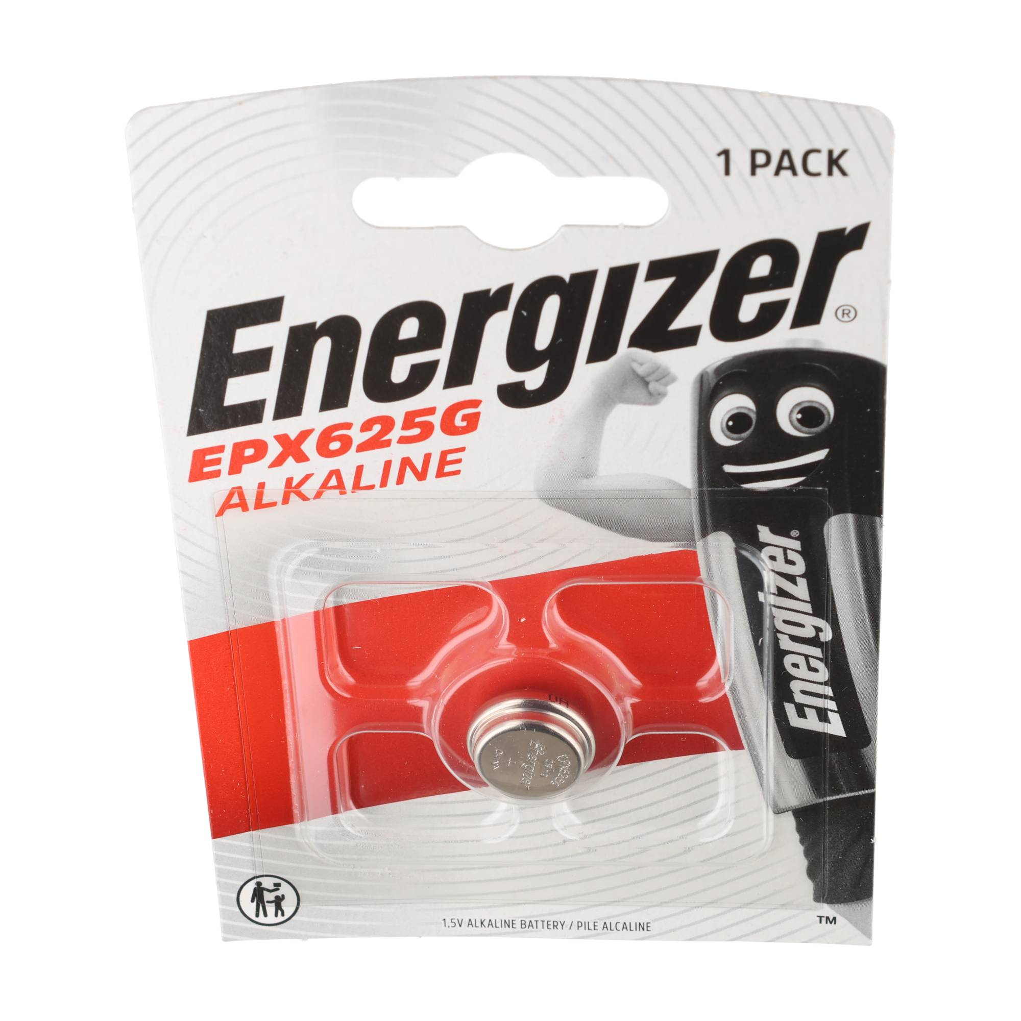Batteria a bottone alcalina Energizer EPX625G nella confezione blister su sfondo bianco.