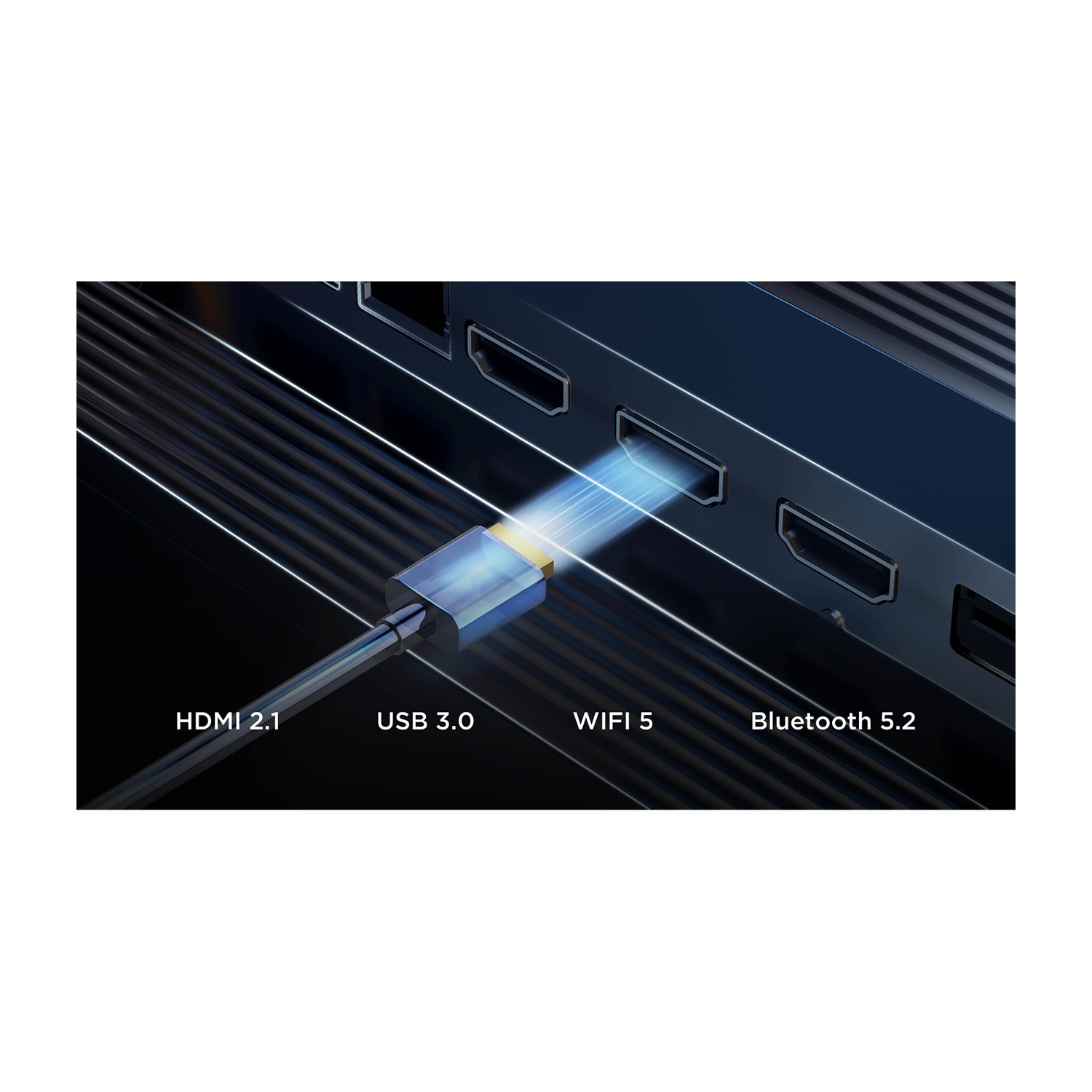 Un cavo HDMI bluastro si collega a una porta, accompagnato da etichette di testo per HDMI 2.1, USB 3.0, WIFI 5 e Bluetooth 5.2.