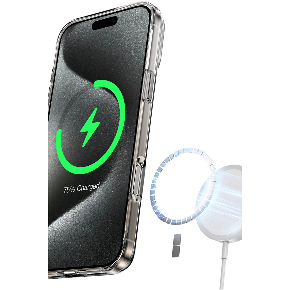 Şeffaf kılıflı akıllı telefon, %75 şarj ve MagSafe şarj cihazı.