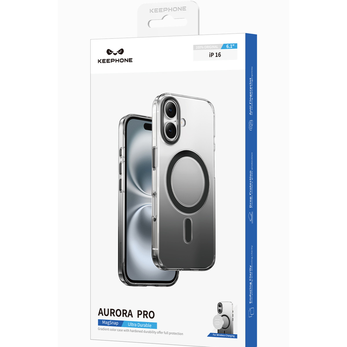 iPhone 16 için manyetik halkalı şeffaf kılıf gösteren Keephone Aurora Pro telefon kılıfı ambalajı.