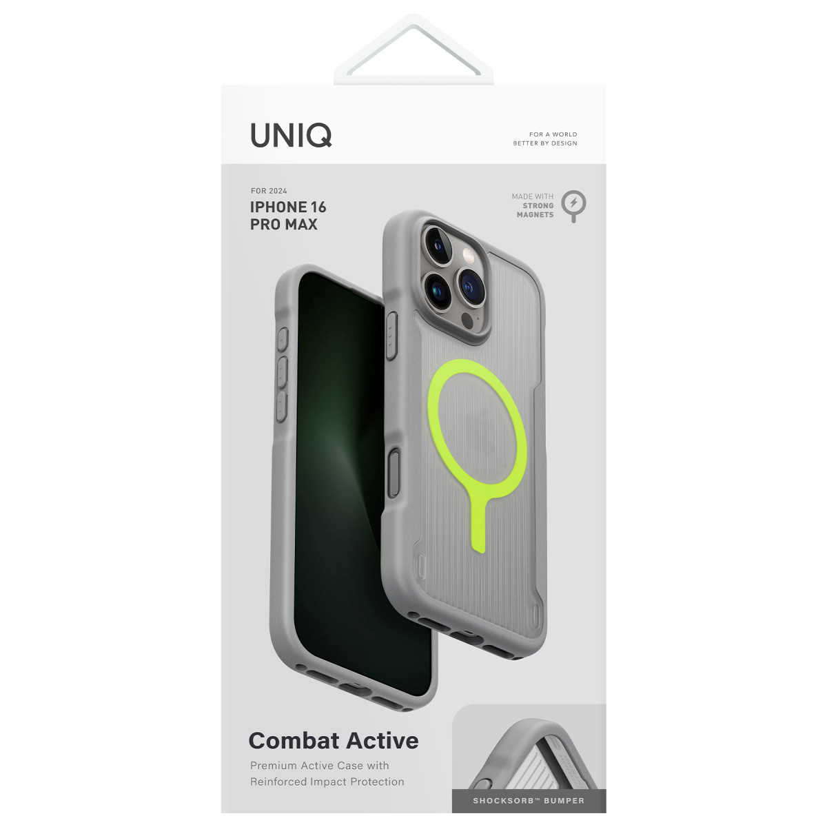 Yeşil MagSafe halkalı gri iPhone 16 Pro Max Combat Active kılıf ambalajı.