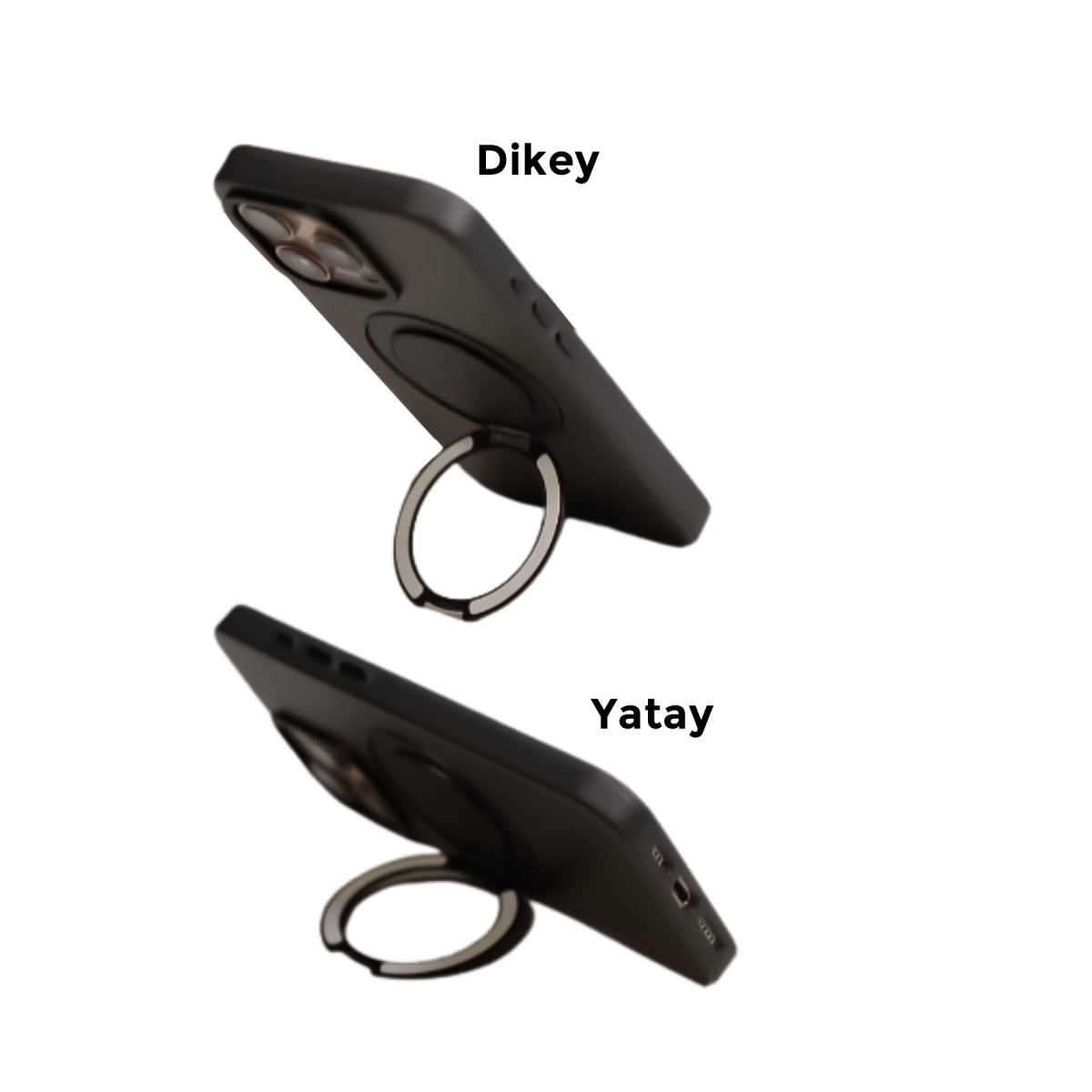Dikey ve Yatay olarak etiketlenmiş, halka tutuculu kılıftaki siyah akıllı telefonun iki görünümü.