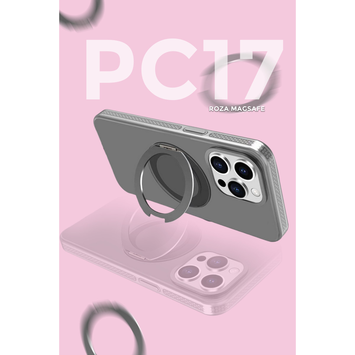 Pembe arka planda MagSafe halkalı ve kamera kesikli gri telefon kılıfı.
