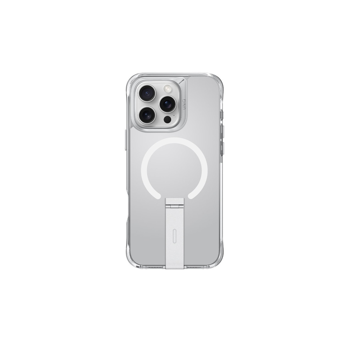 Beyaz arka planda MagSafe halkalı ve arkasında entegre standı olan şeffaf bir iPhone kılıfı.