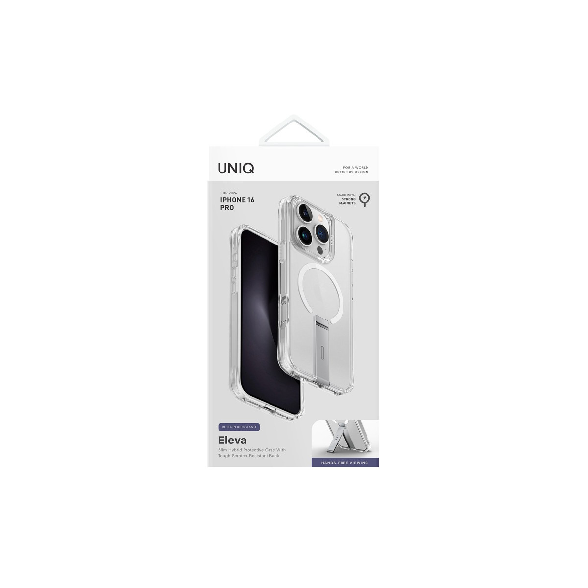 Yerleşik standlı iPhone 16 Pro için UNIQ Eleva koruyucu kılıfın ambalajı.