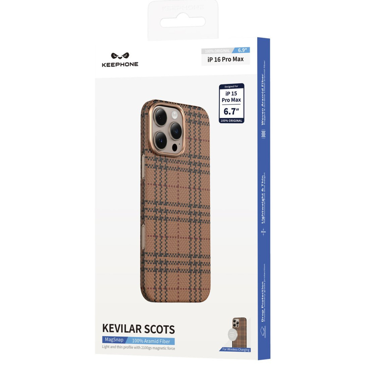 KEEPHONE logolu kahverengi ekose aramid fiber telefon kılıfı için ambalaj.