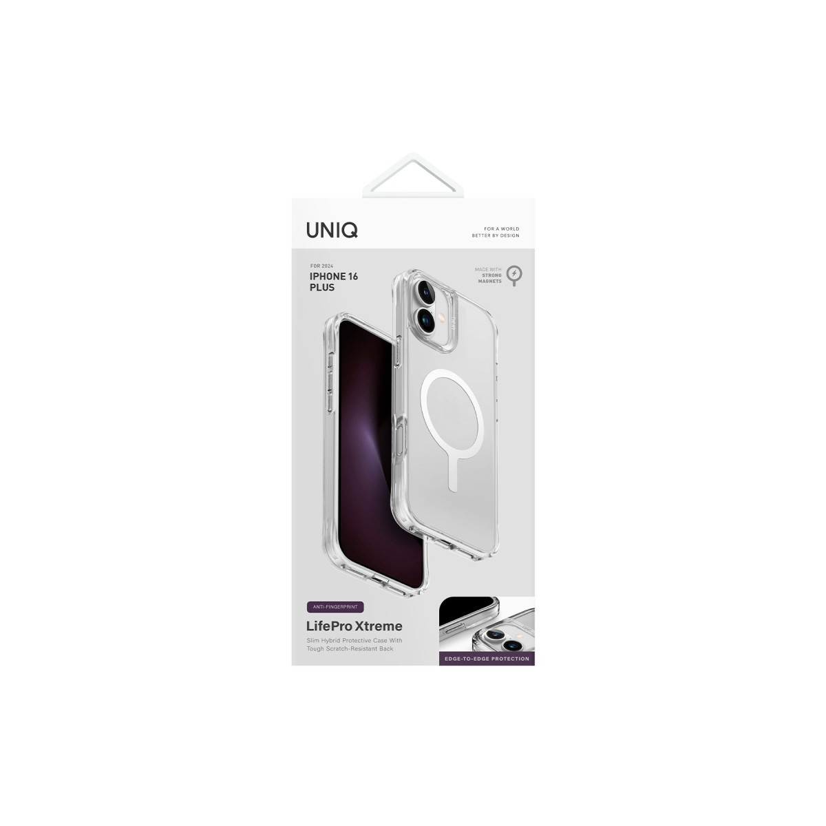 MagSafe özellikli iPhone 16 Plus için UNIQ LifePro Xtreme koruyucu kılıfın şeffaf tasarımlı ambalajı.