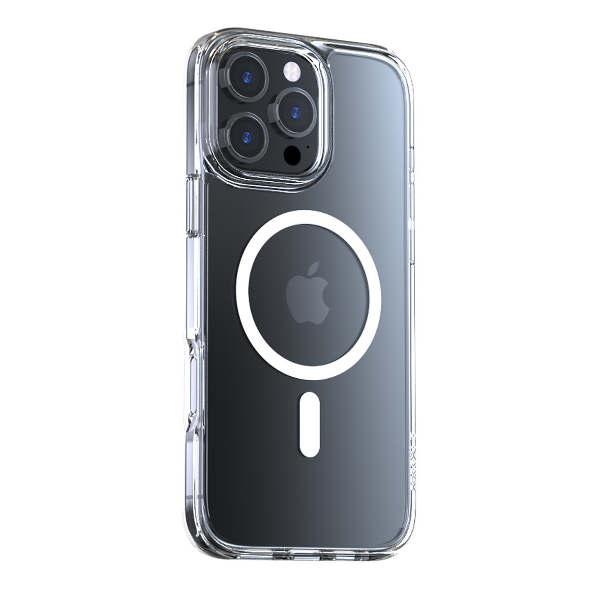 Koyu renkli cihaz üzerinde MagSafe halkalı ve kamera kesikli şeffaf akıllı telefon kılıfı.