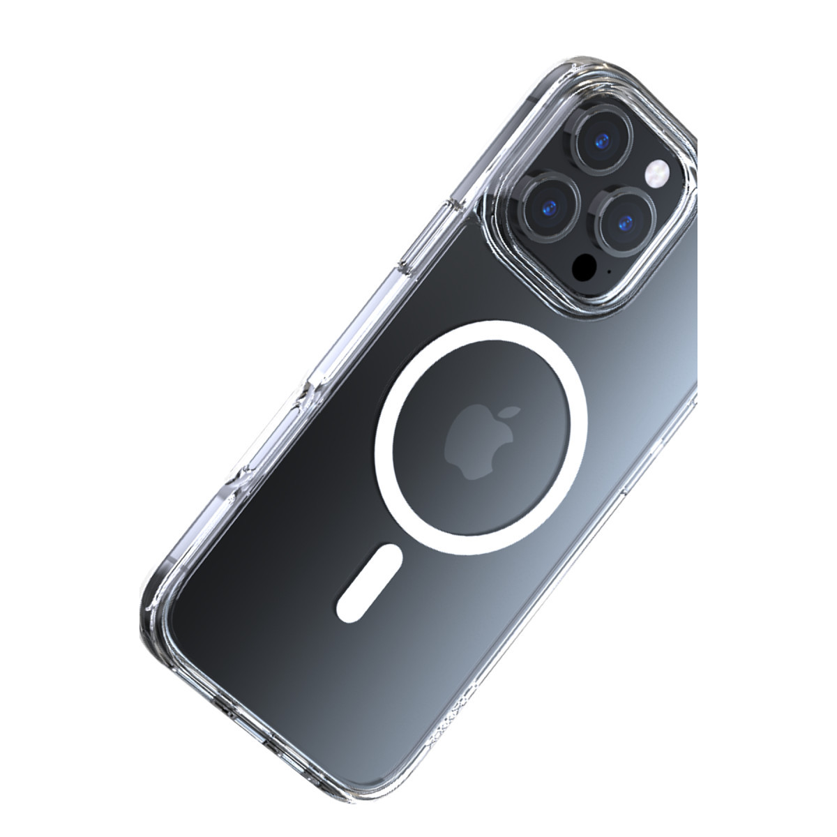 Arka tarafında dairesel manyetik şarj halkası ve üçlü kamera sistemi olan şeffaf bir iPhone kılıfı.