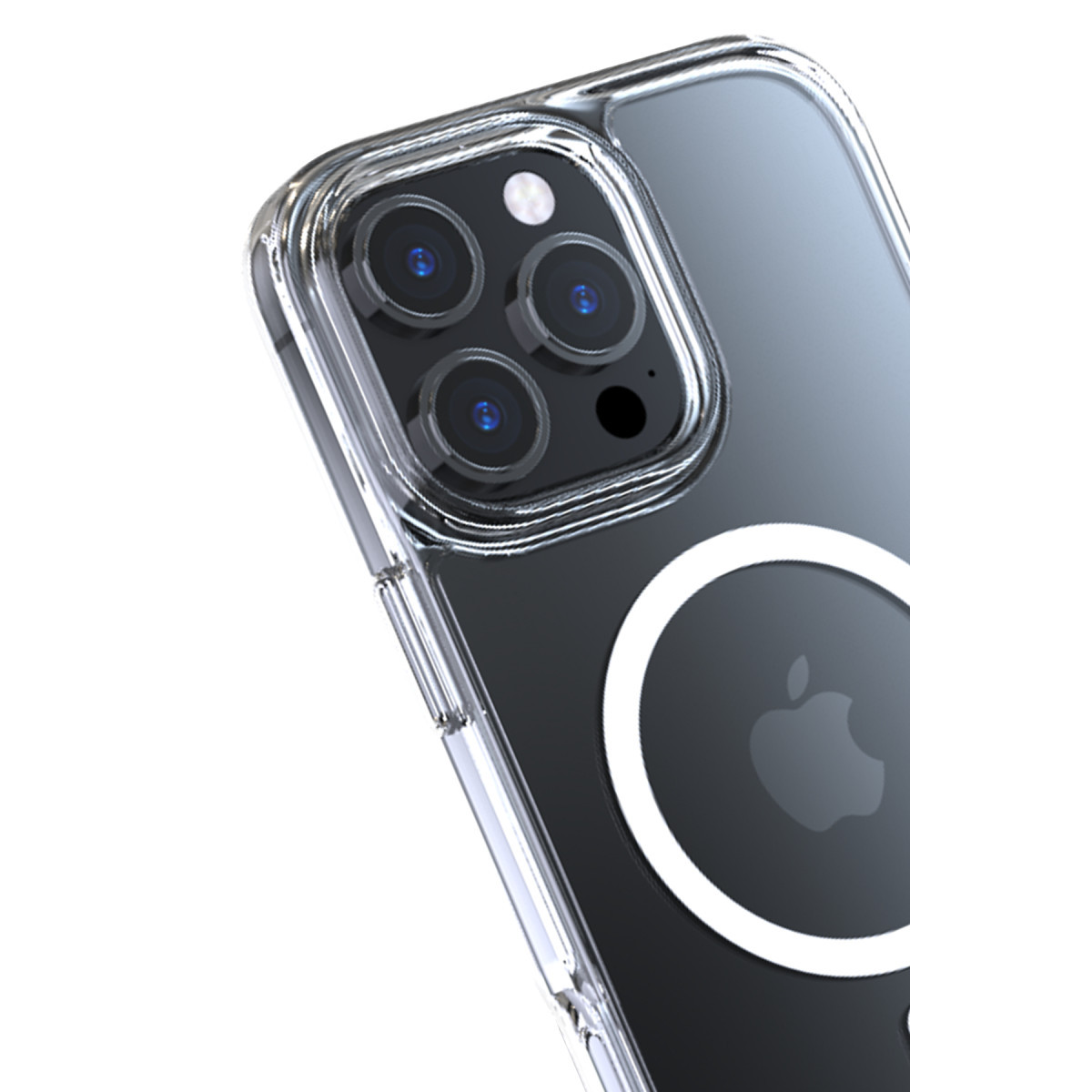 Şeffaf kılıflı, üçlü kamera sistemli ve arkasında beyaz MagSafe halkası olan bir akıllı telefon.