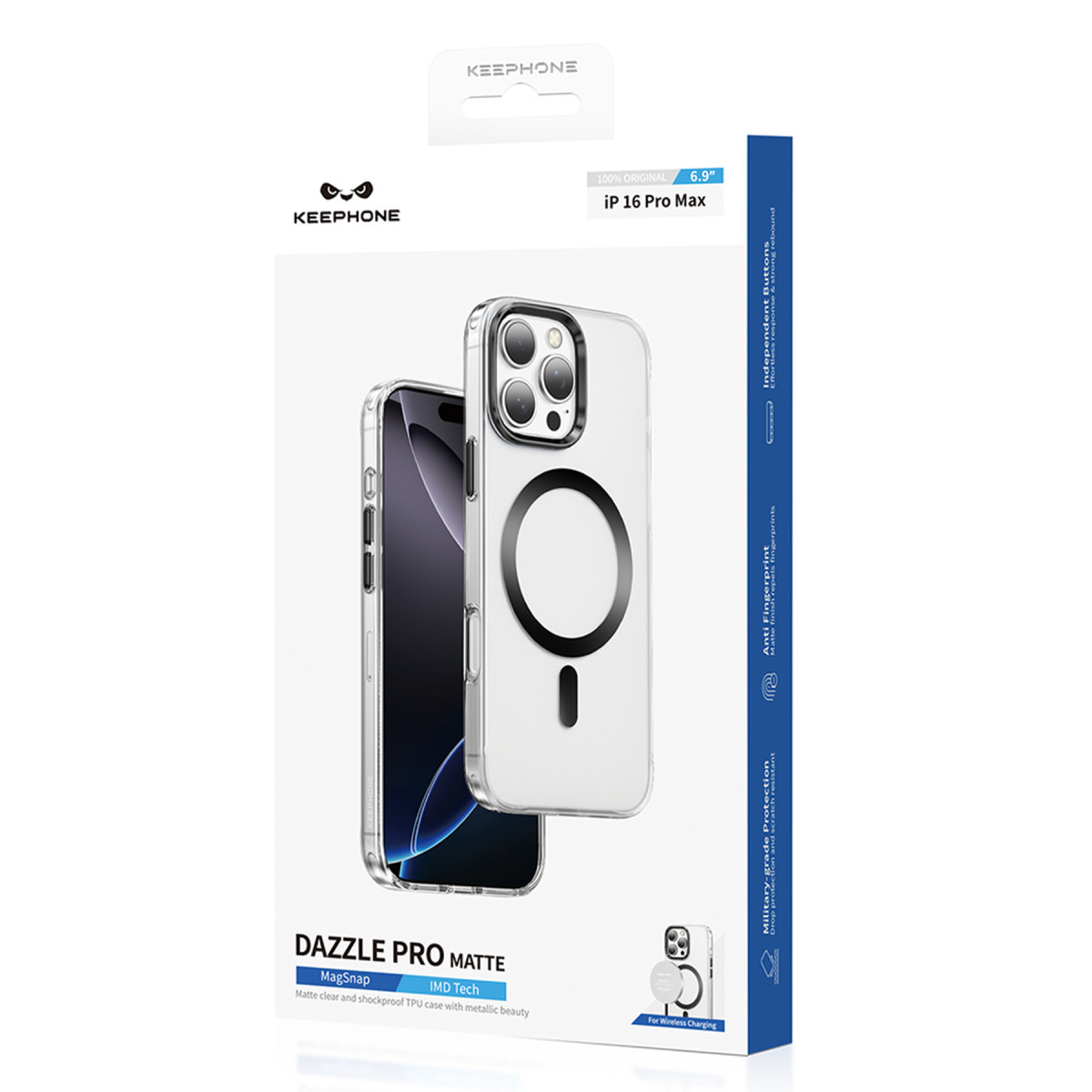 MagSafe halkalı ve kamera korumalı şeffaf iPhone 16 Pro Max kılıfını gösteren ambalaj.