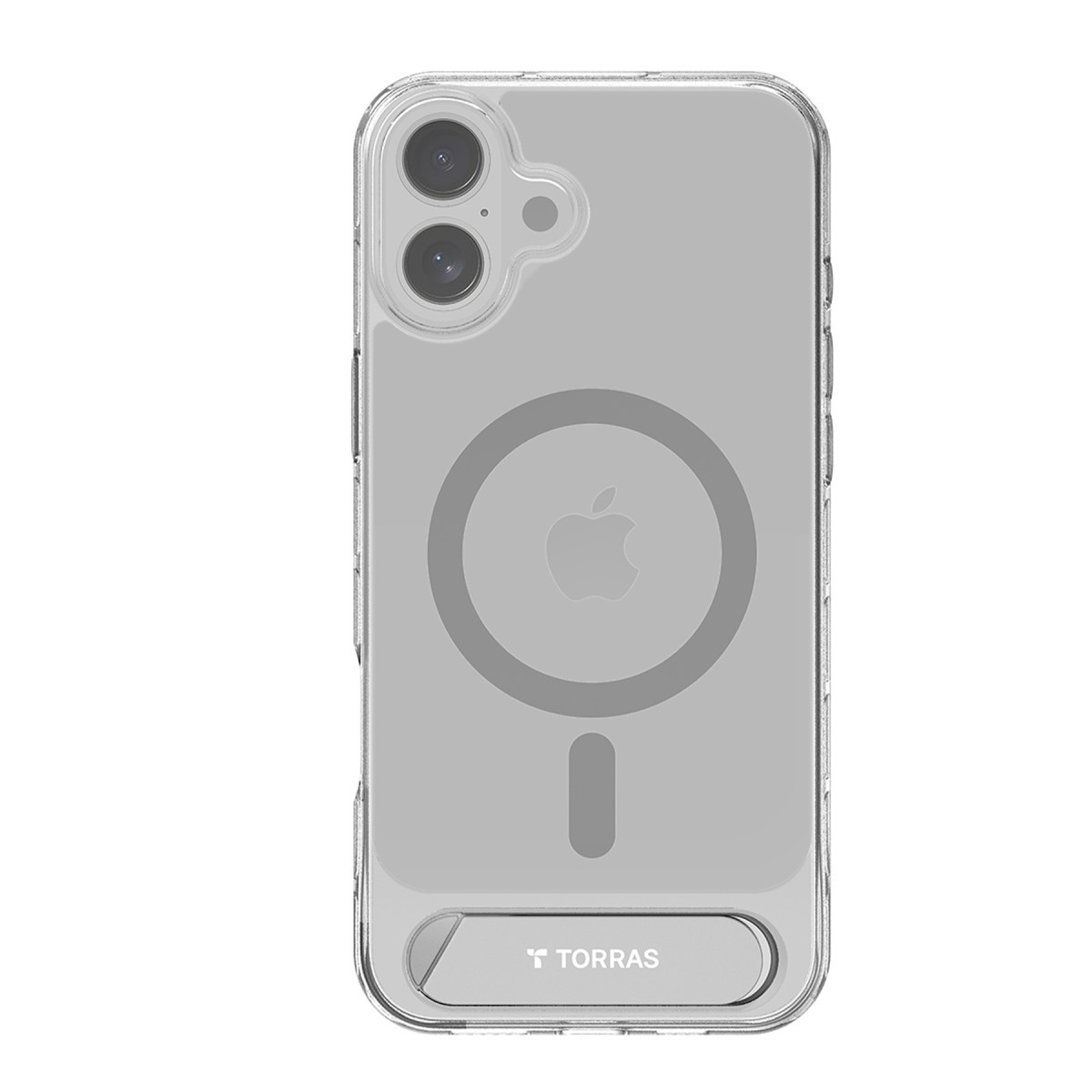 Altta Torras logosu ve entegre halka tutucu bulunan şeffaf iPhone kılıfı.