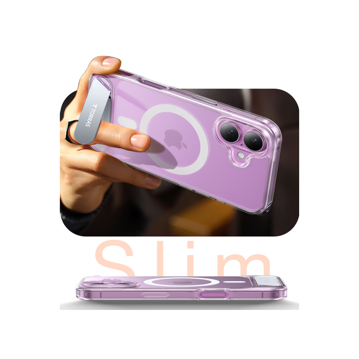 Bir el, halka standlı şeffaf kılıf içindeki mor rengi bir iPhone'u tutuyor.