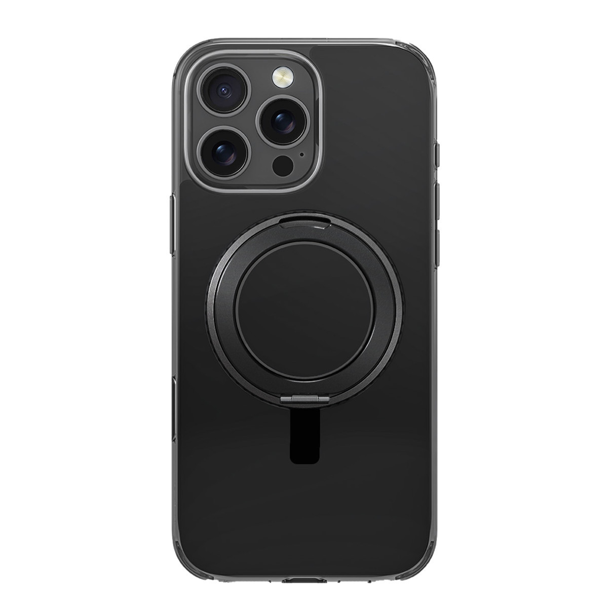 Arkası dönük, arkasında dairesel manyetik stand bulunan koyu renk kılıflı bir akıllı telefon.