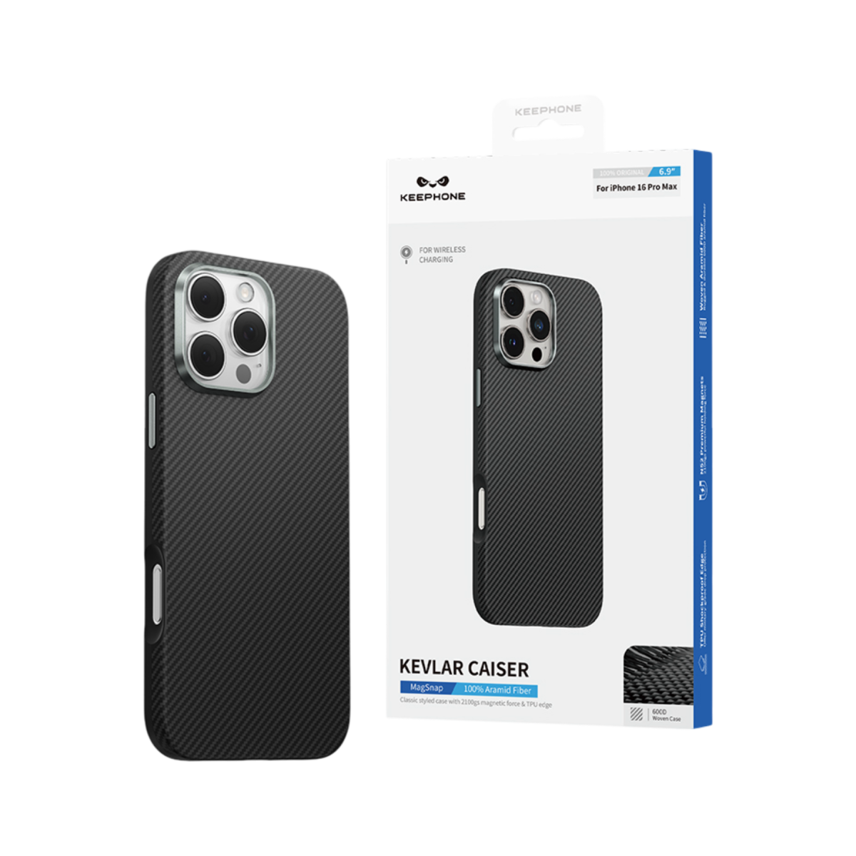 Ambalajı ile gösterilen iPhone 16 Pro Max için siyah aramid fiber telefon kılıfı.