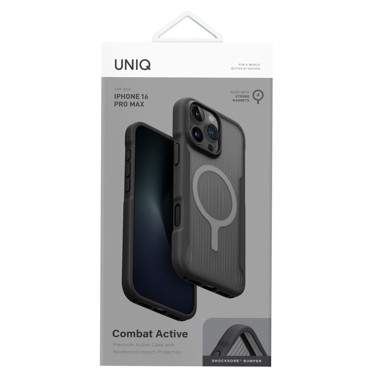 Koyu gri koruyucu kılıfın ön ve arka görünümünü gösteren Uniq Combat Active iPhone 16 Pro Max kılıf ambalajı.