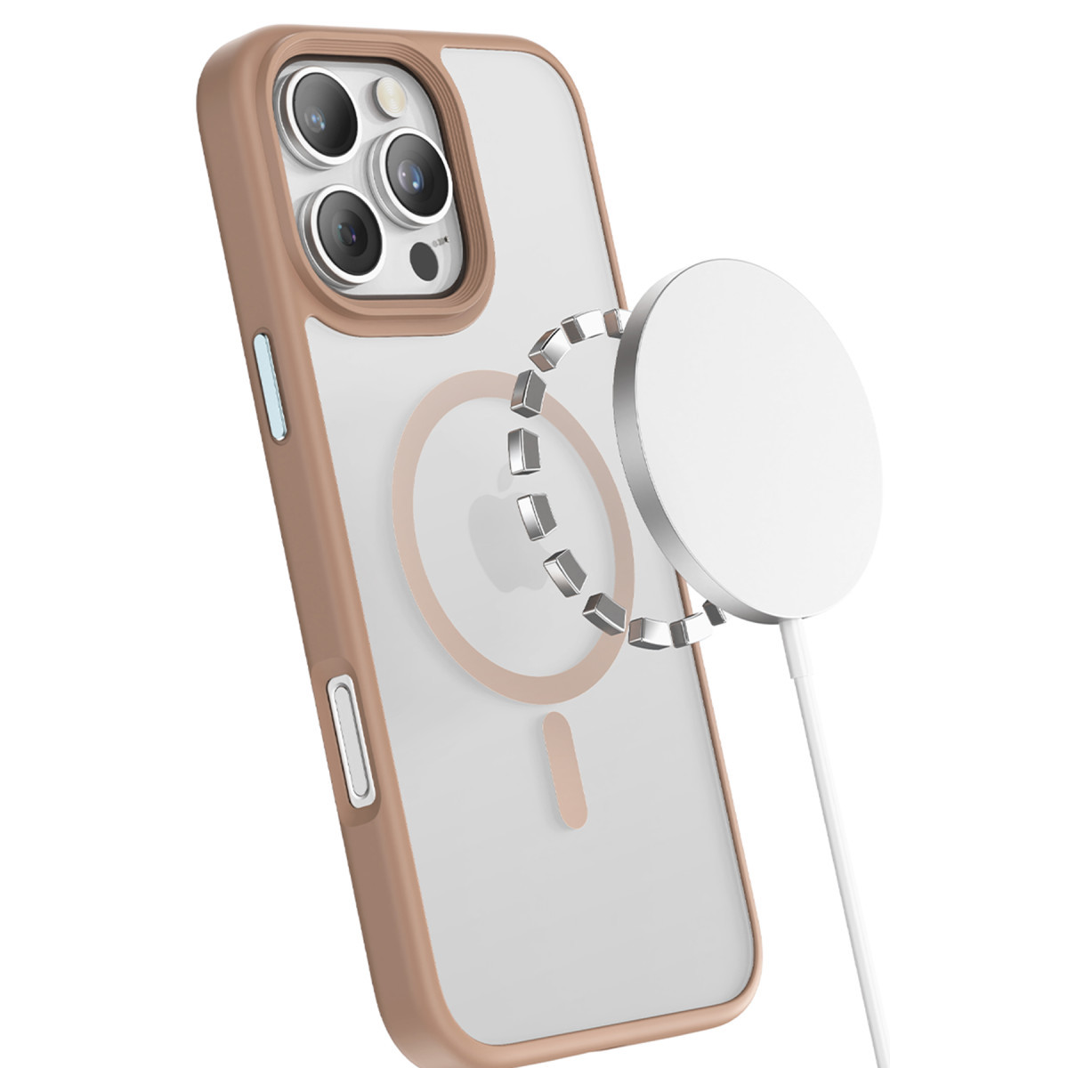 MagSafe şarj cihazlı kahverengi kılıflı akıllı telefon.