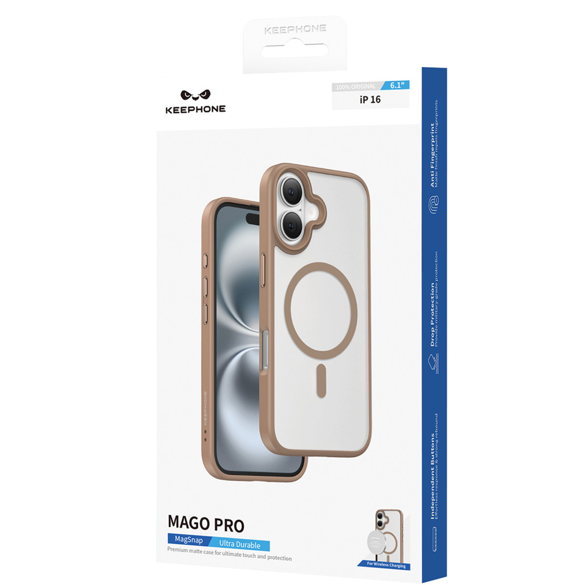 Kahverengi Keephone Mago Pro iPhone 16 MagSnap kılıf için beyaz ve mavi tasarımlı ambalaj.