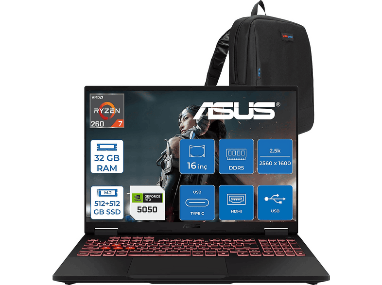 ASUS Tuf Gaming A16 8GB RTX5050 ZRV099WF10 AMD Ryzen 7 260 32 GB RAM 512 GB SSD 16 inç FreeDOS Laptop+Çanta Gri
