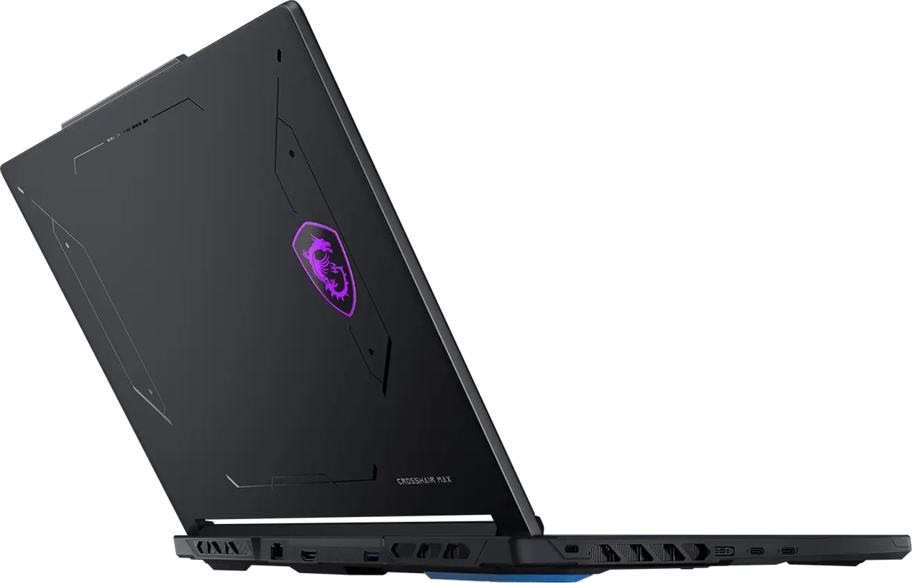 Kapağında parlayan mor bir MSI ejderha logosu bulunan siyah bir oyun dizüstü bilgisayarı.