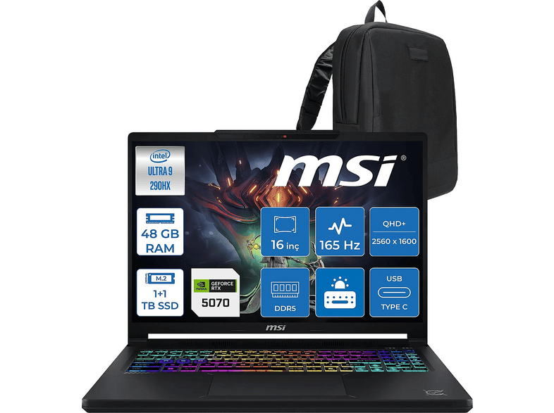 MSI Crosshair 16 Max HX ZW008TRF20 Intel Core Ultra 9 290HX 48 GB RAM 1 TB SSD 16 inç FreeDOS Laptop+Çanta Siyah