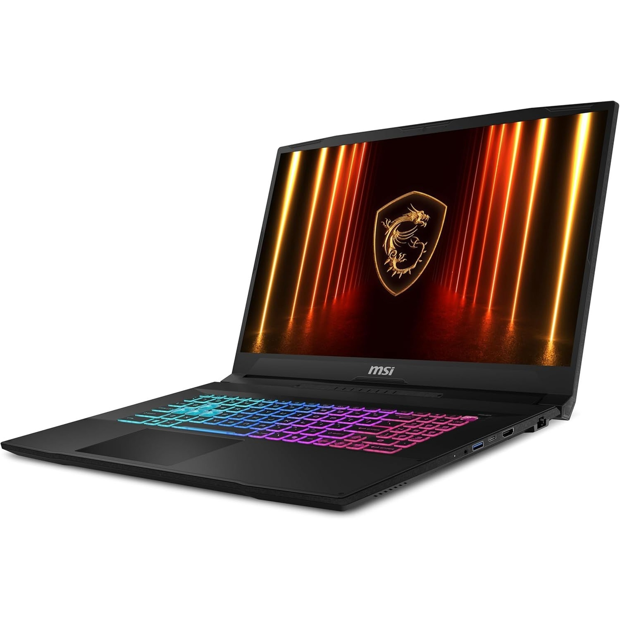 Ekranında ejderha logosu ve renkli RGB klavye arka aydınlatması bulunan siyah bir MSI oyuncu dizüstü bilgisayarı.