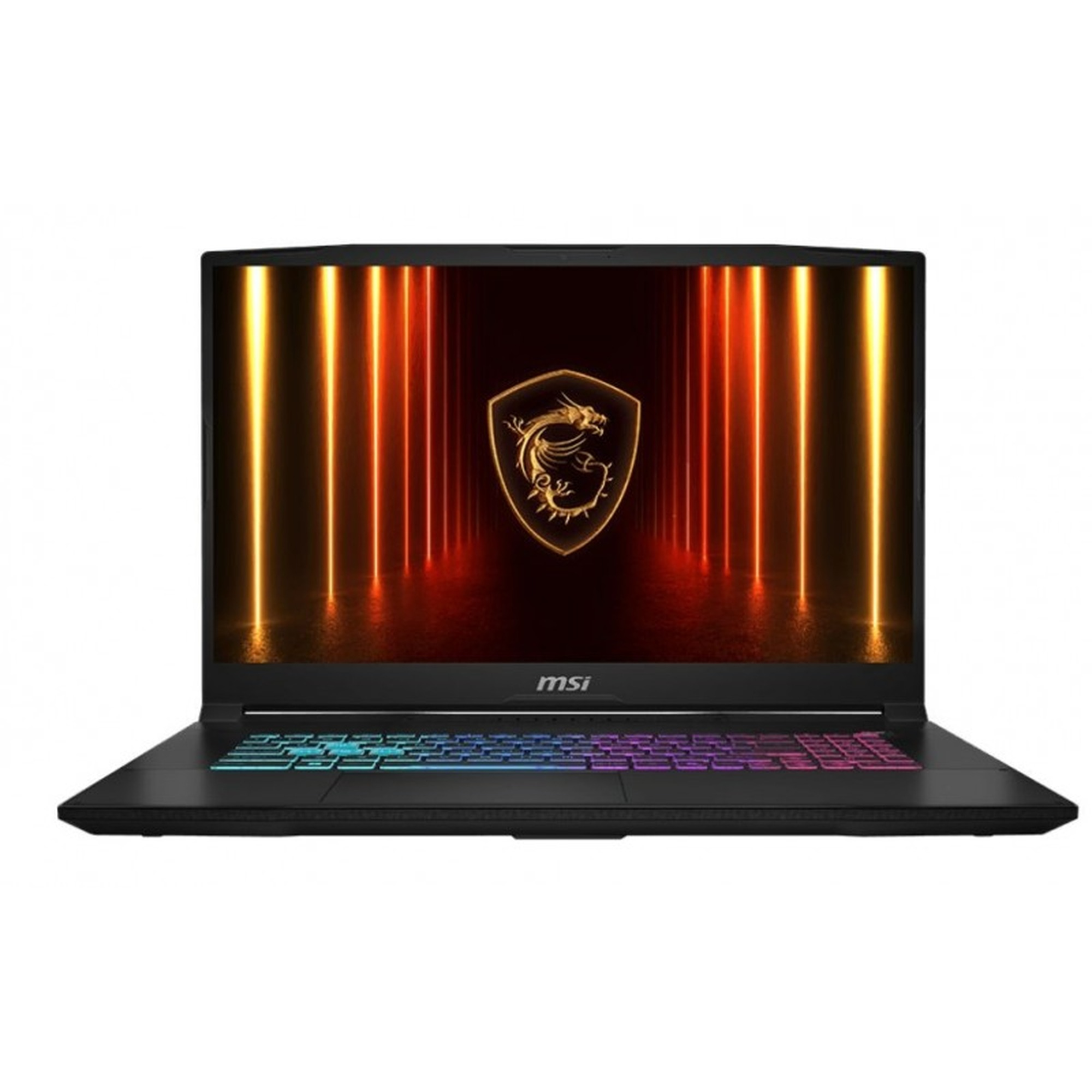 Renkli RGB klavye aydınlatmasına ve ekranında ejderha logosuna sahip siyah MSI oyun dizüstü bilgisayarı.