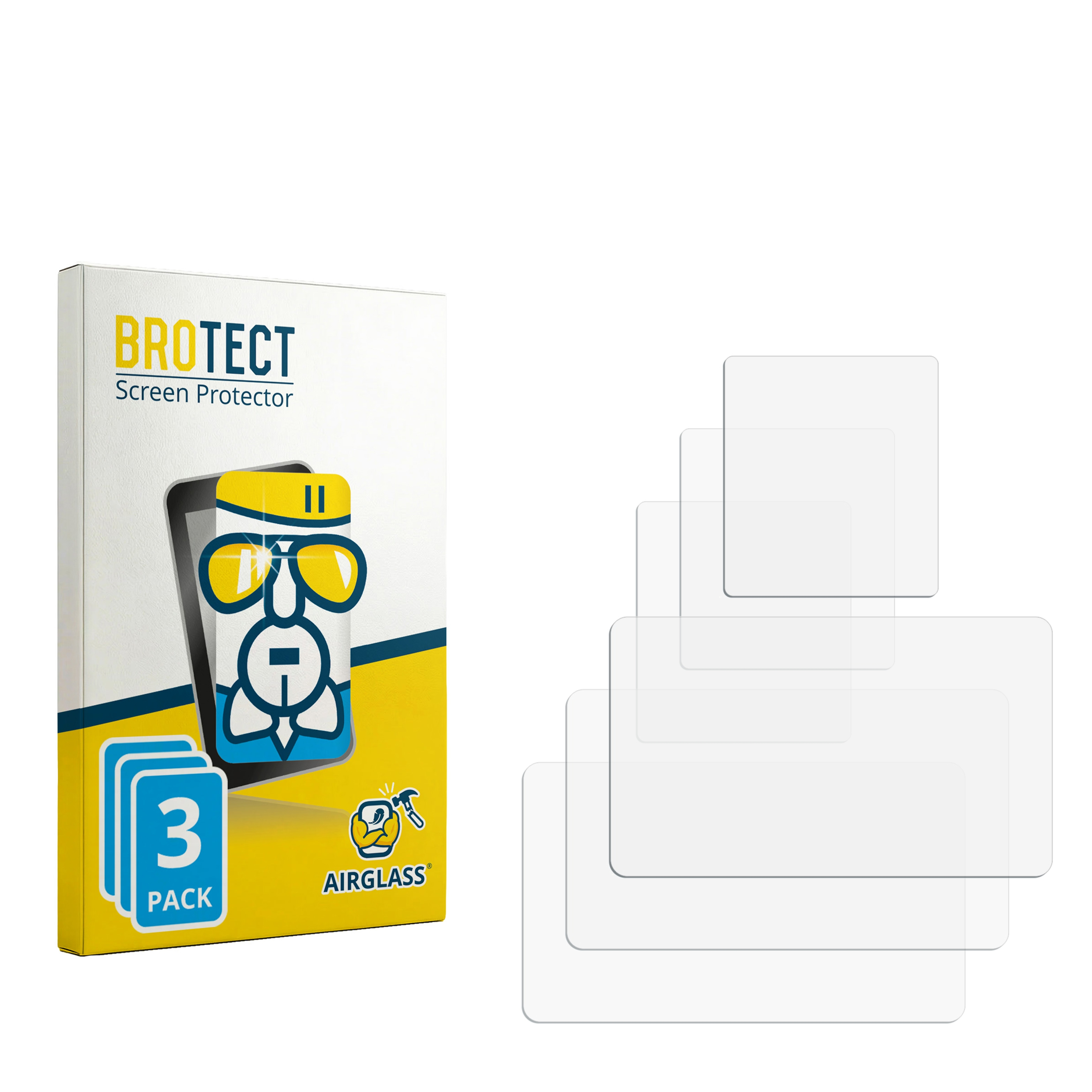 BROTECT AirGlass Displayschutzfolie Verpackung mit fünf transparenten Schutzfolien daneben.