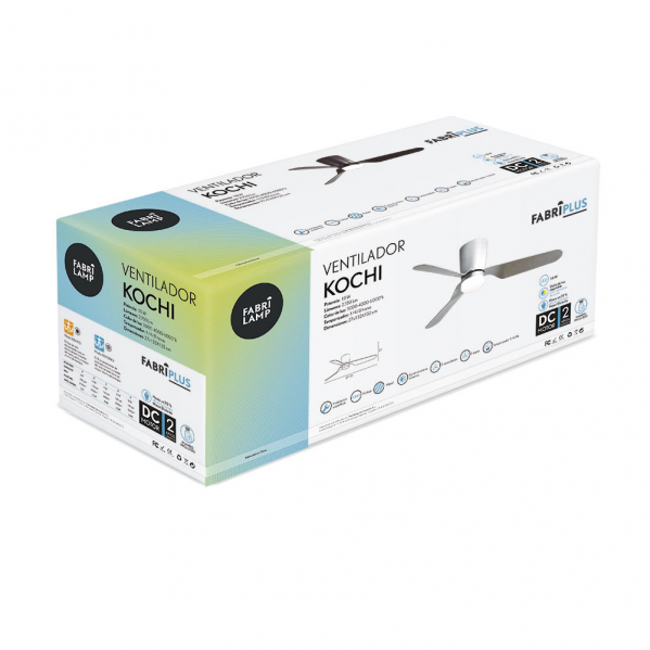 Caja de embalaje blanca y amarilla del ventilador de techo Kochi de Fabrilamp, con imagen del ventilador.
