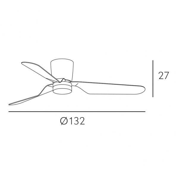 Dibujo técnico de un ventilador de techo de tres aspas con dimensiones.