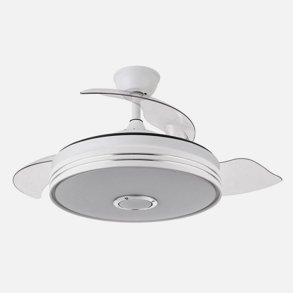 Un ventilador de techo blanco moderno con aspas transparentes retráctiles y una lámpara integrada sobre fondo liso.