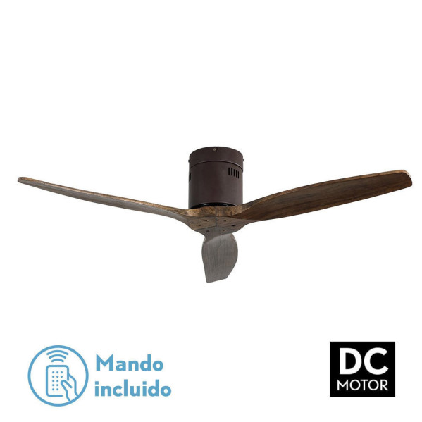 Un ventilador de techo marrón oscuro con tres aspas de madera, icono de mando y motor DC.
